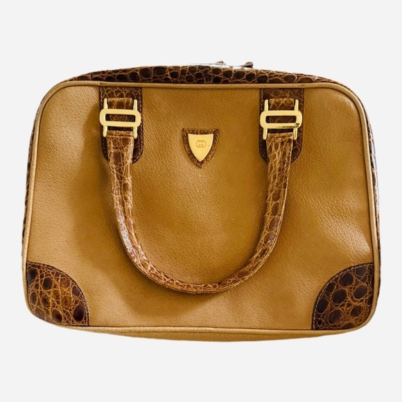 Vintage Gucci Top Handle Bag 1983 Collection Camel Leather & Croc-Embossed Trim - Picture 1 of 12